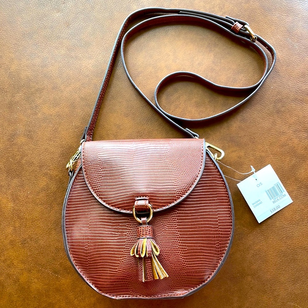 NWT KAARI blue Faux Snakeprint Textured Handbag Rich Brown